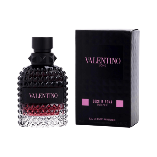 Valentino Uomo Born In Roma Intense Eau de Parfum for men, featuring a sleek black studded bottle that reflects boldness, elegance, and luxury.