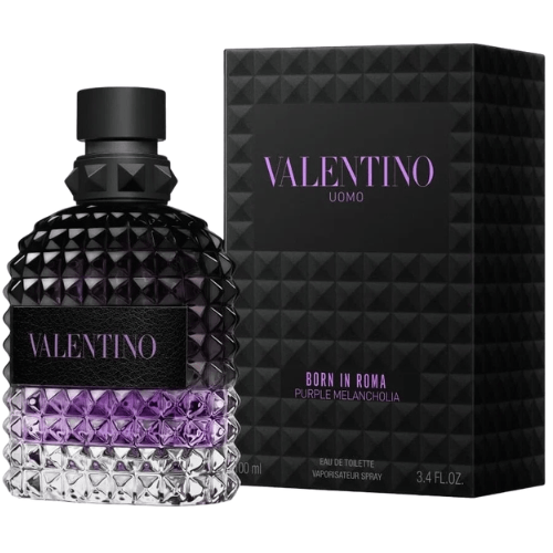 Valentino Uomo Born in Roma Purple Melancholia men’s fragrance bottle close-up, premium woody aromatic perfume, authentic Valentino scent online