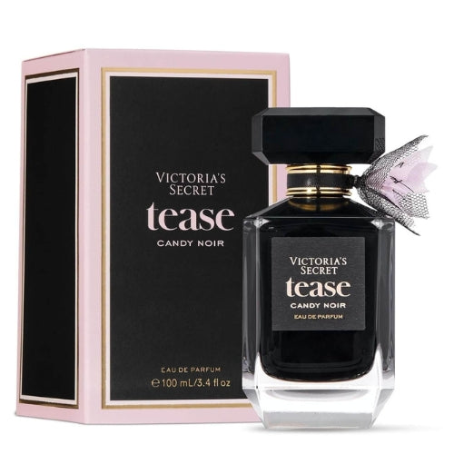 Victoria’s Secret Tease Candy Noir Eau de Parfum 100ml, luxury fragrance in a deep purple faceted bottle with black ribbon embellishment and matching spray top, representing confidence, femininity, and contemporary allure.