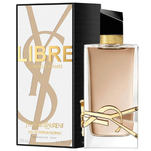 YSL Libre Flowers & Flames perfume for women featuring a bold floral amber scent in an elegant couture-inspired bottle