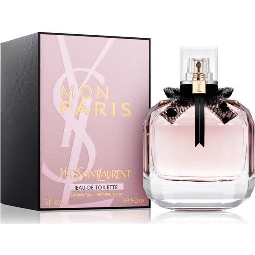 Yves Saint Laurent Mon Paris Eau de Toilette 90ml, women’s fragrance captured in a soft pink rectangular bottle with silver accents and matching spray cap, symbolizing youthful charm, confidence, and modern style.