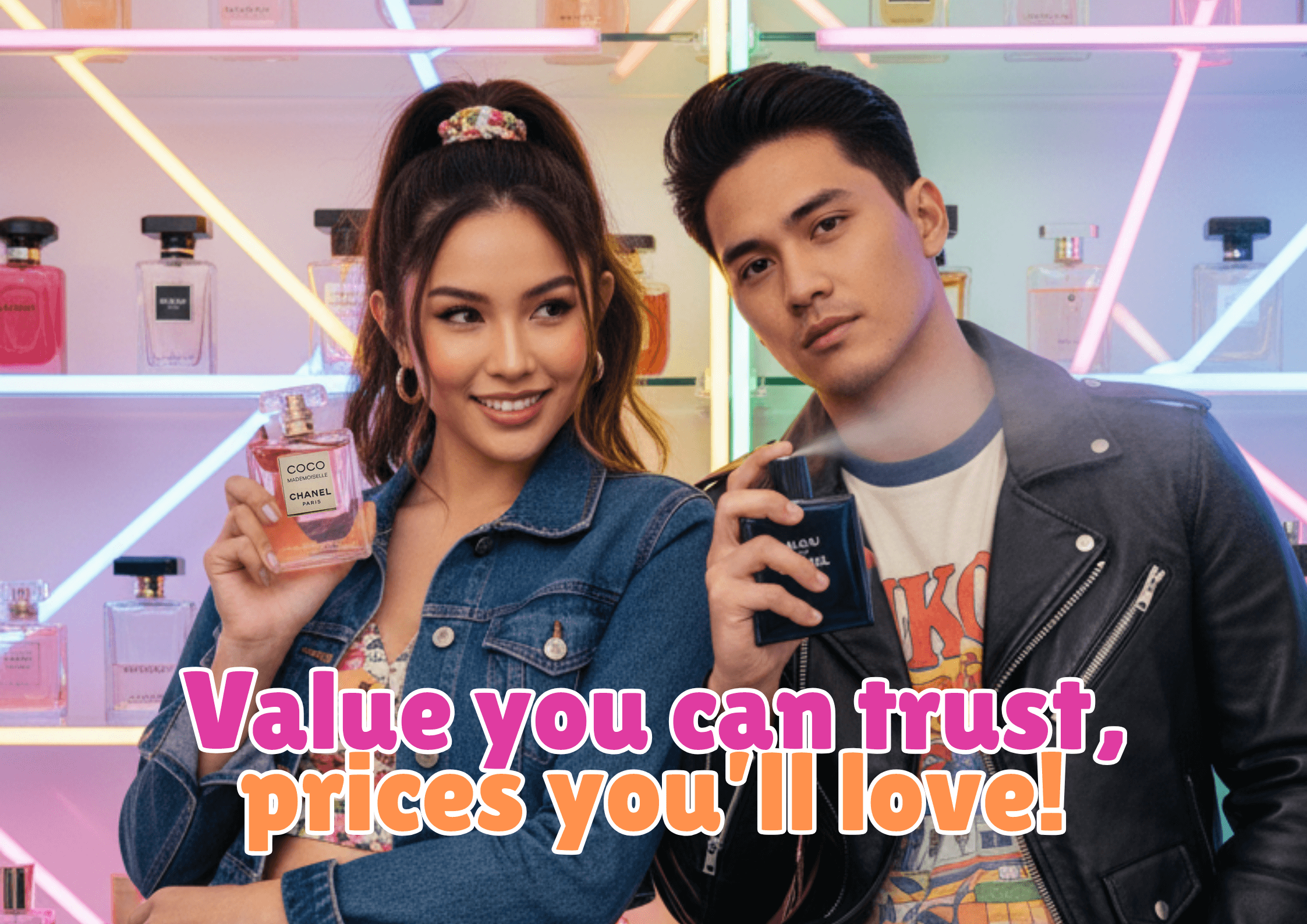 Smiling young man and woman holding perfume bottles with colorful 90s background, featuring Coco Mademoiselle Chanel and the tagline ‘Value you can trust, prices you’ll love!’ — Scent Times MNL perfume ad.