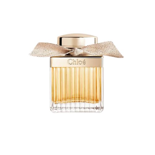 Eau de Parfum Chloé Absolu, 75ml feminine fragrance with rich floral and warm gourmand accords in a clear rectangular bottle with silver cap and tied ribbon.