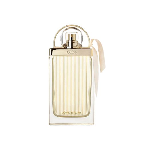 Chloé Love Story EDP, 75ml signature women’s perfume with floral, citrus, and white flower accords in a transparent glass bottle with padlock decoration.
