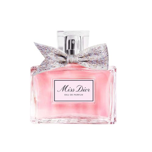 100ml Dior Miss Dior Eau de Parfum, luxurious feminine fragrance with floral and citrus accords in a clear rectangular bottle with silver bow decoration.