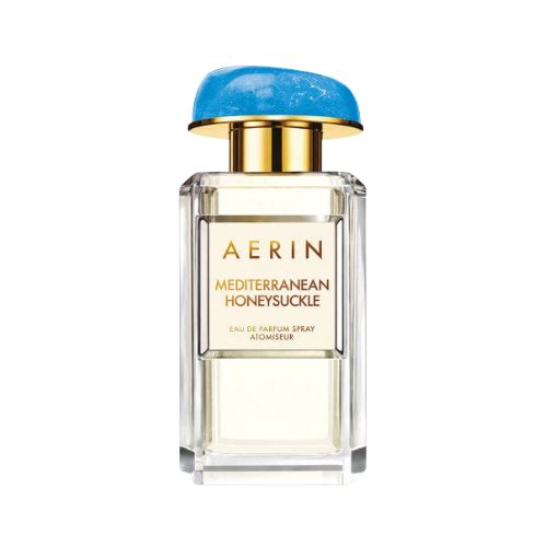 Estée Lauder Aerin Mediterranean Honeysuckle, 100ml Eau de Parfum for women combining sweet honeysuckle, citrus freshness, and delicate floral notes in a sleek cylindrical transparent bottle.