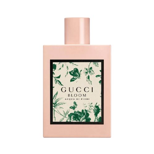 Gucci luxury perfume – Bloom Acqua di Fiori Eau de Toilette 100ml, light floral fragrance for women housed in a soft green cylindrical glass bottle with golden embossed branding.