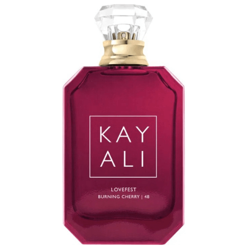 Kayali Lovefest Burning Cherry 48 Eau de Parfum fragrance bottle featuring refined branding, a warm musky cherry aroma perfect for evening wear and gifting.