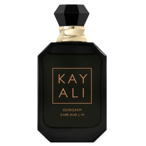 Kayali Oudgasm Café Oud 19 Eau de Parfum fragrance bottle with refined branding, a sophisticated smoky oud and coffee aroma perfect for evening wear and gifting.