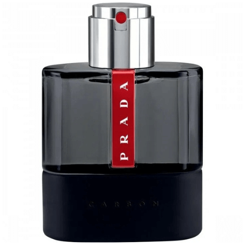 Close-up detail of Prada Luna Rossa Carbon fragrance cap and branding
