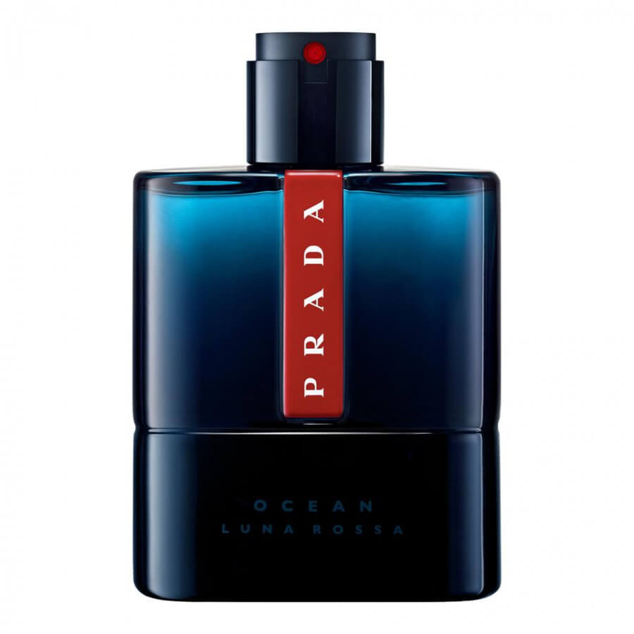 Prada Luna Rossa Ocean Eau de Toilette displayed on a reflective surface, symbolizing energy, adventure, and sophisticated masculinity.