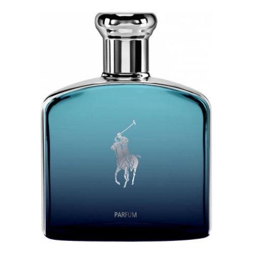 Ralph Lauren Polo Deep Blue Parfum 125 ml: deep blue glass bottle with silver stopper and embossed Polo emblem.