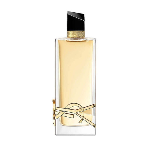 Yves Saint Laurent Libre Eau de Parfum 90ml, luxury women’s scent captured in a rectangular transparent bottle with soft amber liquid, silver logo accents, and matching spray cap, symbolizing strength, elegance, and refined style.