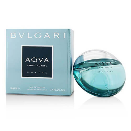 Close-up of Bvlgari Aqva Pour Homme Marine fragrance bottle and packaging