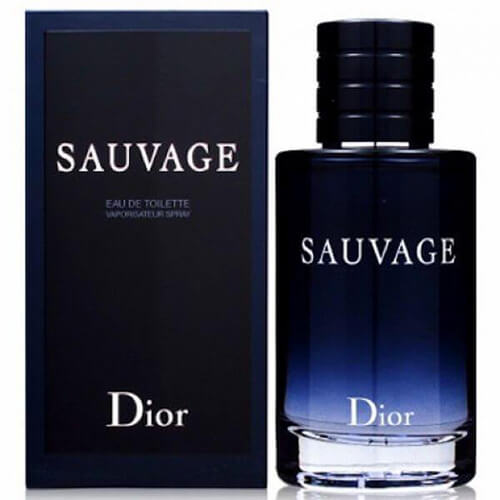 Eau de Toilette Sauvage by Dior, 100ml masculine scent with fresh, spicy, and woody accords in a gradient cylindrical blue bottle with black top.
