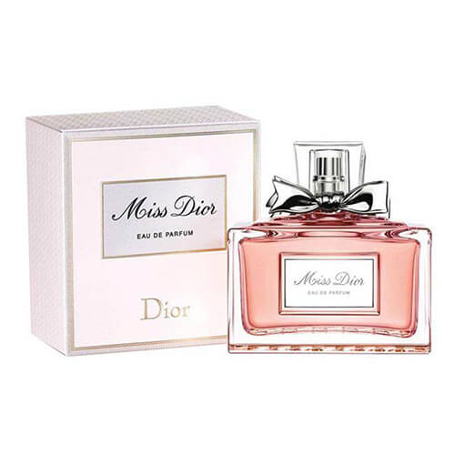 Christian Dior Miss Dior EDP, 100ml timeless women’s perfume with rose, jasmine, and patchouli in a sleek transparent glass bottle with silver accent.