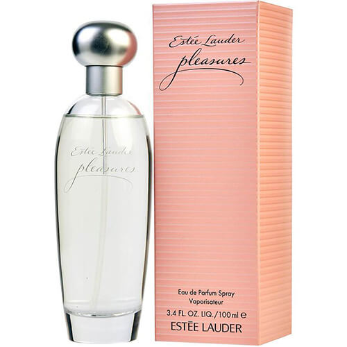 Pleasures Eau de Parfum by Estée Lauder, 100ml refined feminine scent with white lily, violet leaves, and green accords in a sleek clear glass bottle with gold-accented cap.
