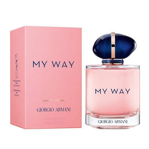 Giorgio Armani My Way Eau de Parfum, 90ml feminine fragrance with notes of orange blossom, tuberose, and cedarwood in a sleek transparent cylindrical glass bottle with silver accents.