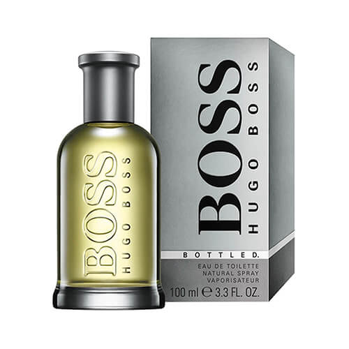 Hugo Boss Boss Bottled Eau de Toilette 100ml, iconic men’s fragrance in a clear rectangular bottle with silver cap, featuring apple, citrus, and woody notes.