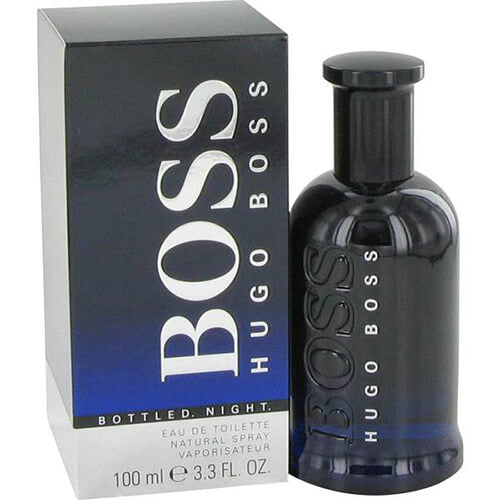 Hugo Boss Boss Bottled Night 100ml EDT, bold masculine fragrance blending birch, lavender, and woody notes in a sleek dark blue glass bottle with silver detailing.