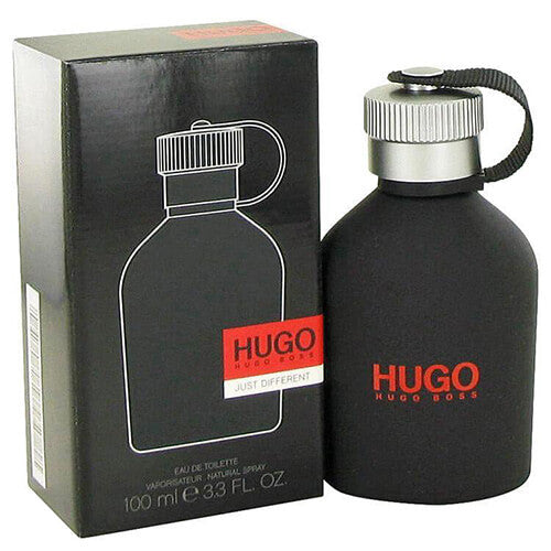 Hugo Boss Hugo Just Different Eau de Toilette 100ml, refreshing men’s fragrance blending crisp apple, mint, and woody accords in a sleek transparent rectangular bottle.
