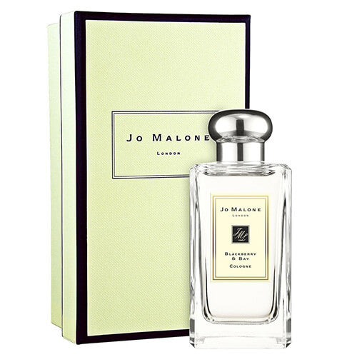 Jo Malone London Blackberry & Bay Cologne 100ml, modern unisex scent in a transparent rectangular bottle with silver lid, featuring blackberry, bay leaf, and woody accords.