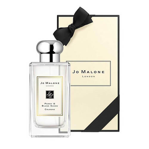 100ml Jo Malone London Peony & Blush Suede Cologne, floral-fruity unisex perfume blending peony, crisp red apple, and soft suede in a minimalist clear bottle with silver detailing.