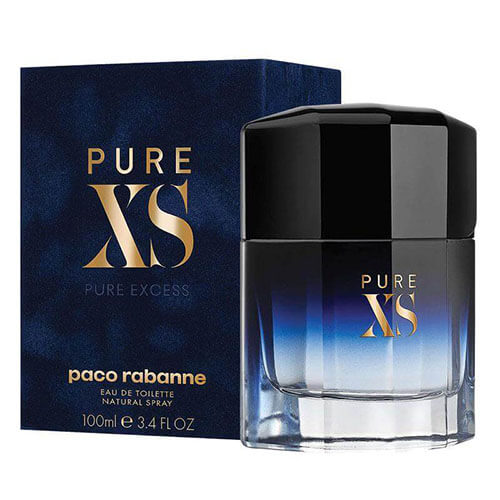 Paco Rabanne Pure XS 100 ml Eau de Toilette: elegant blue glass bottle with sharp edges and golden spray top.