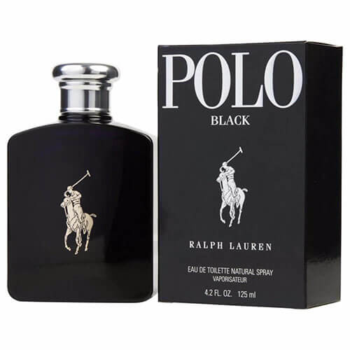 Ralph Lauren Polo Black Eau de Toilette 125 ml: sleek rectangular black glass bottle with silver cap and embossed Polo logo.