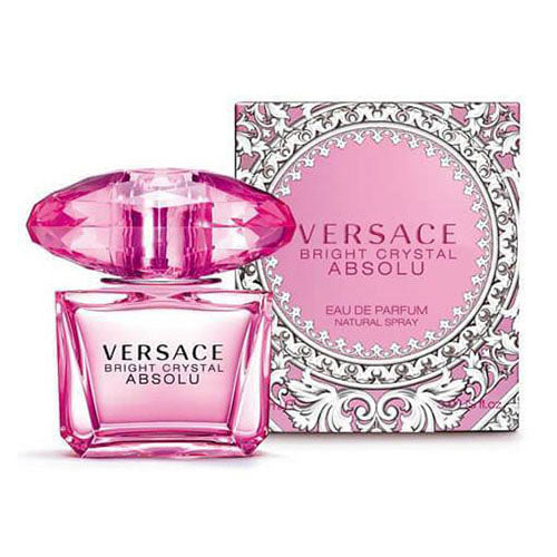 Versace Bright Crystal Absolu Eau de Parfum 90ml, a sophisticated perfume in a radiant pink bottle with elegant faceted edges and a jewel-inspired oversized stopper, reflecting confidence and elegance.