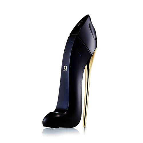 Eau de Parfum Good Girl by Carolina Herrera, 80ml seductive feminine scent with floral and gourmand notes, in a distinctive dark stiletto-shaped glass bottle.
