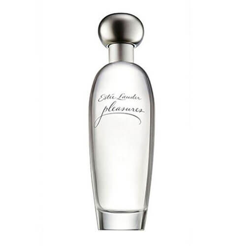 Estée Lauder Pleasures EDP, 100ml luxury perfume with fresh floral-green profile, presented in a minimalist clear rectangular glass bottle with gold accents.