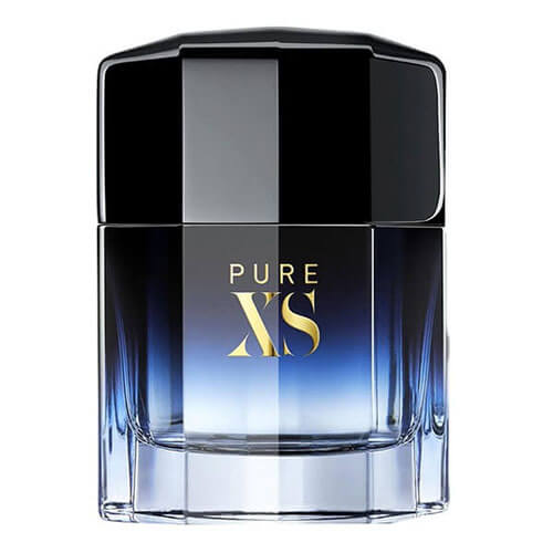 Paco Rabanne Pure XS Eau de Toilette 100 ml, dark blue square bottle with golden accents for men’s fragrance.