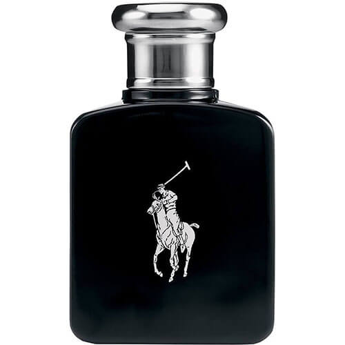 Elegant Ralph Lauren Polo Black 125 ml EDT bottle, black rectangular flacon with silver cap and classic Polo branding.