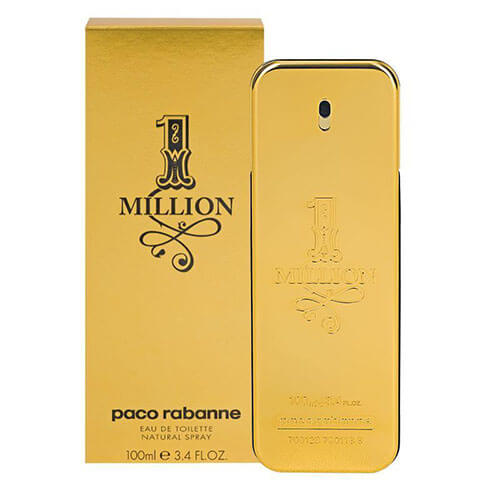 Front view of Paco Rabanne 1 Million 100 ml EDT, shiny gold rectangular bottle with engraved branding and polished finish.